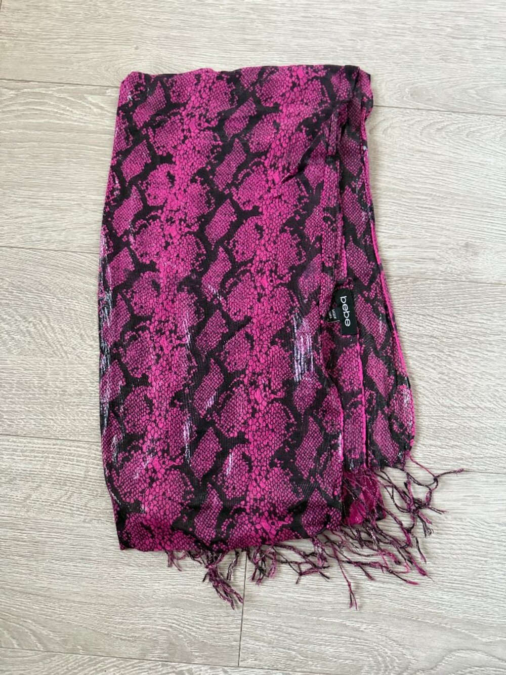 bebe Hot Pink Black Glossy Snakeskin Print Shimmer Scarf Fringe Wrap